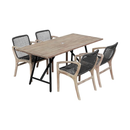 Armen Living Koala and Brighton 5 Piece Outdoor Patio Dining Set in Light Eucalyptus Wood and Charcoal Rope 840254333703